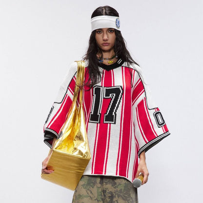 Number Stripe V-Neck Short Sleeve Knit T-shirt WN25630
