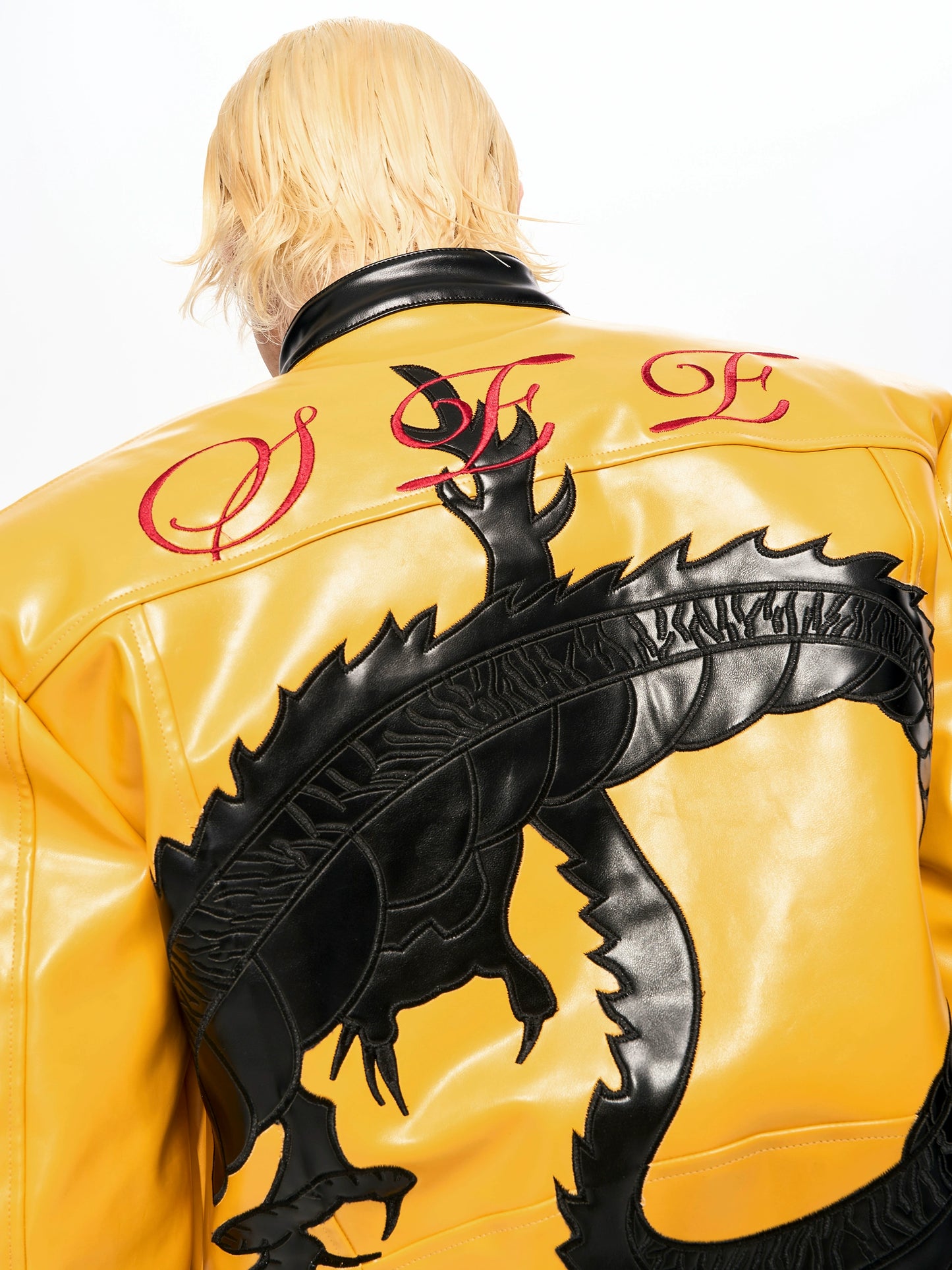 Dragon Embroidery Colorblock Stand Neck PU Leather Jacket WN22129