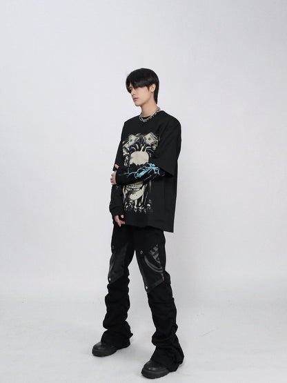 Fake Layered Skull Print Oversize Long Sleeve T-Shirt WN24492