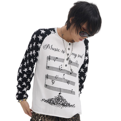 Raglan Star Music Note Print Long Sleeve T-Shirt WN27213