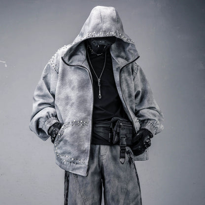 Pearl Beads Decor Fleece Lining Oversize Zipper Hoodie WN22446