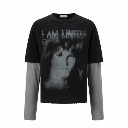 Fake Layered Portrait Print Damage Long Sleeve T-Shirt WN24281