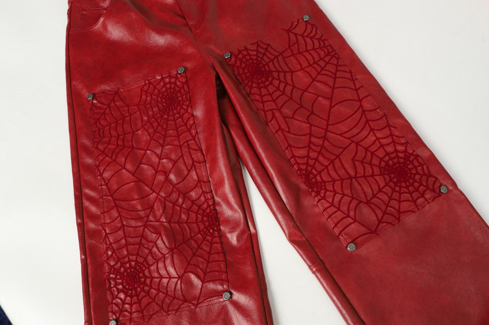 Shoulder-Pad Spider Web PU Leather Jacket Wide Leg Pants Setup WN27913