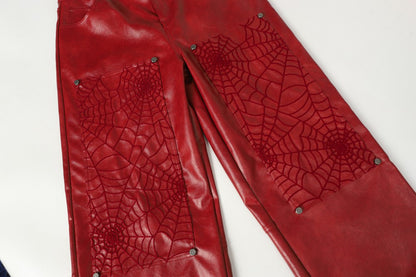 Shoulder-Pad Spider Web PU Leather Jacket Wide Leg Pants Setup WN27913