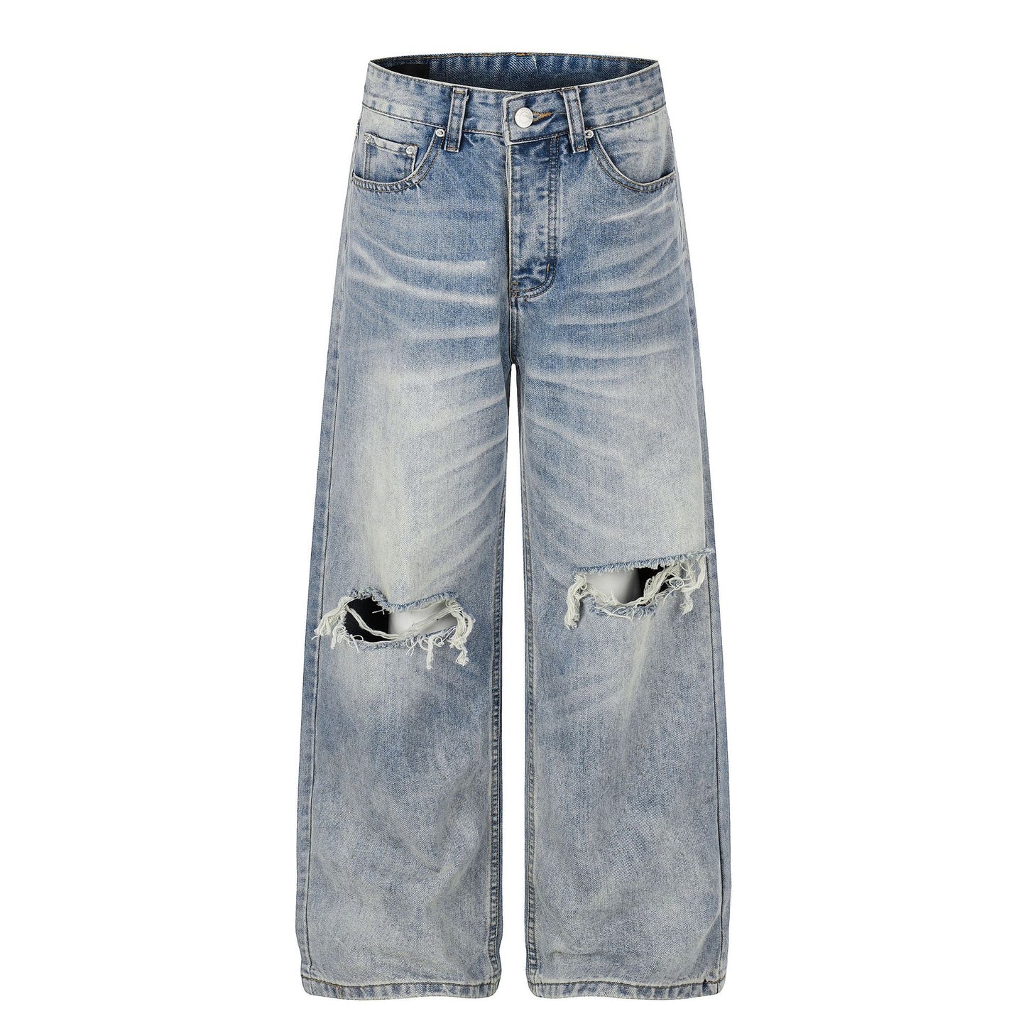 Washed Damage Whisker Wide Leg Denim Jeans WN26019