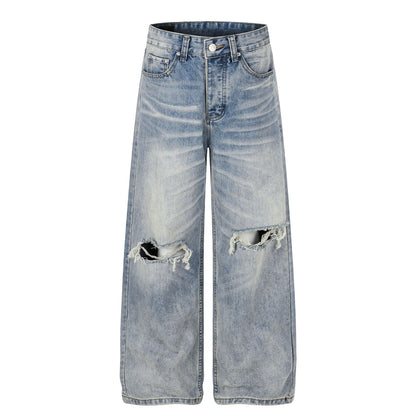 Washed Damage Whisker Wide Leg Denim Jeans WN26019