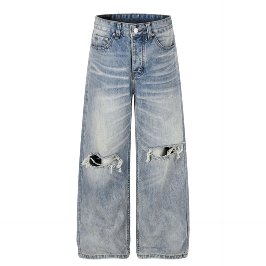 Washed Damage Whisker Wide Leg Denim Jeans WN26019