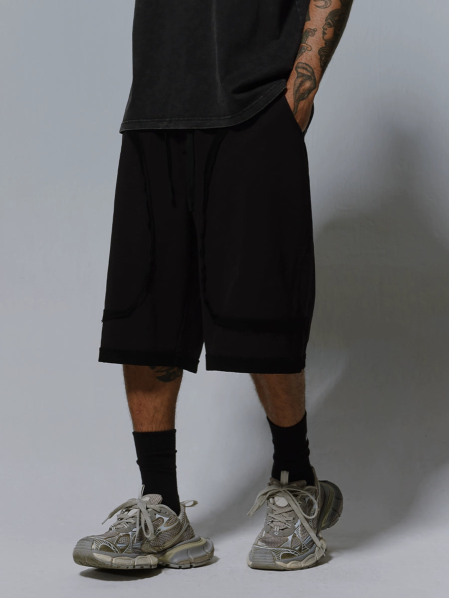 Washed Deconstructed Patchwork Wide Leg Half Pants WN17494