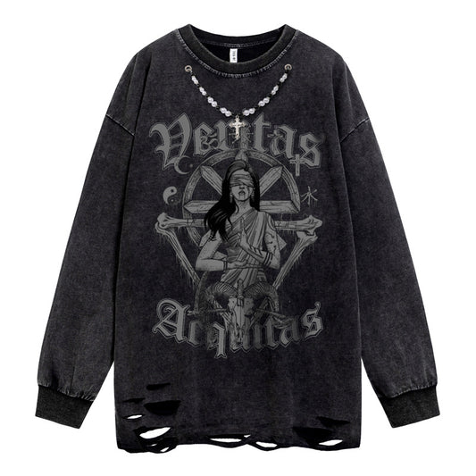 Washed Damage Print Long Sleeve T-Shirt WN16487