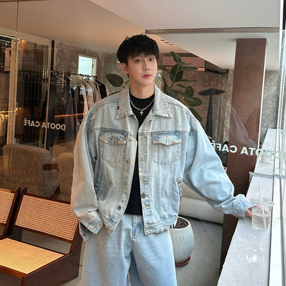 Metal Buckle Damage Denim Jacket & Wide Leg Denim Jeans Setup WN25271