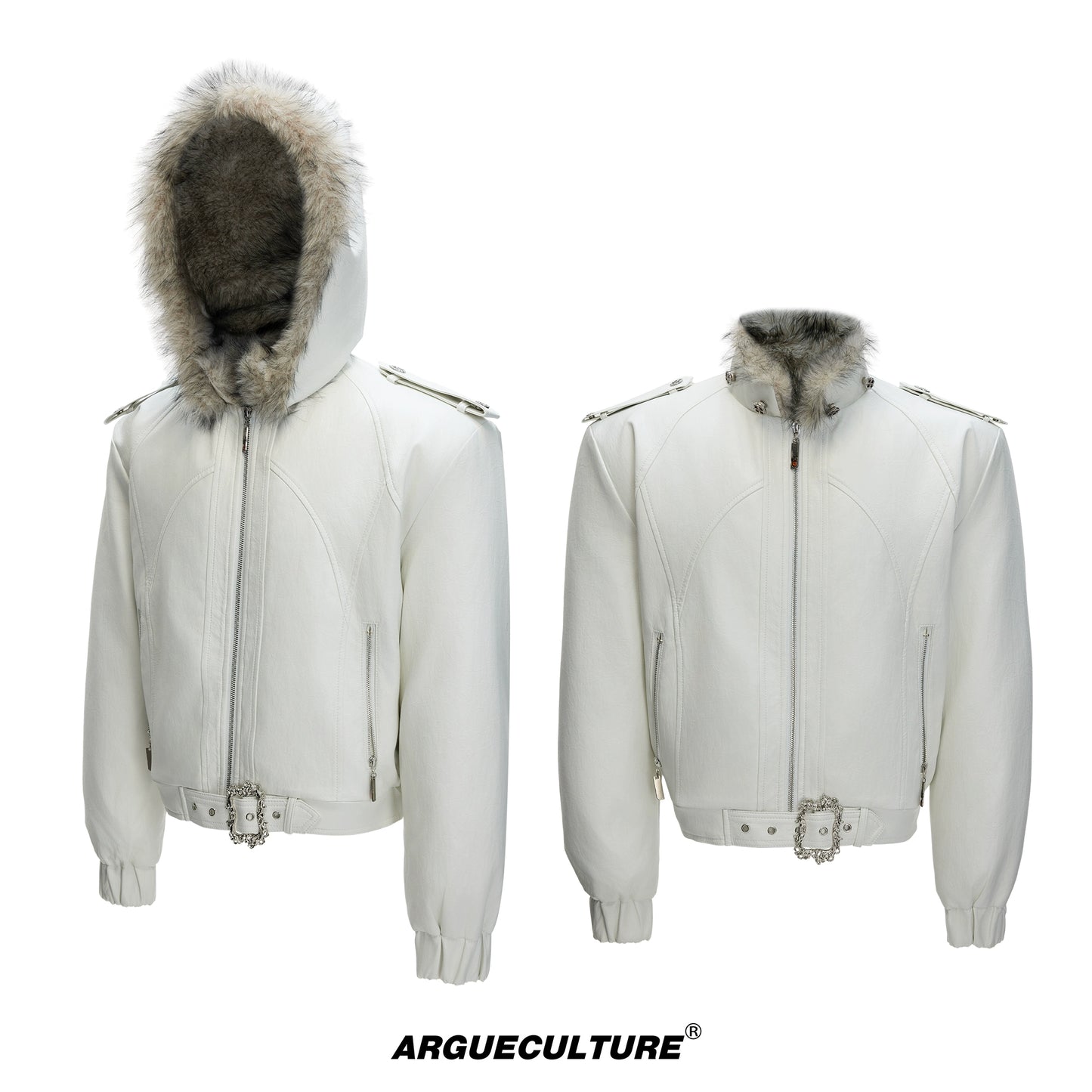 Hooded Fake Fur Collar PU Leather Jacket WN22594