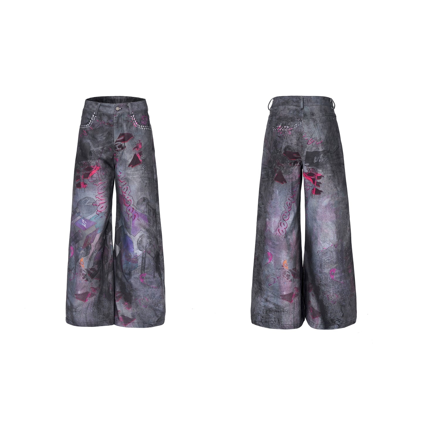 3D Print Damage Wide Leg Denim Jeans WN21845