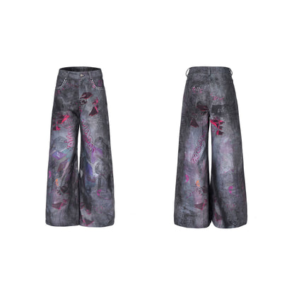 3D Print Damage Wide Leg Denim Jeans WN21845