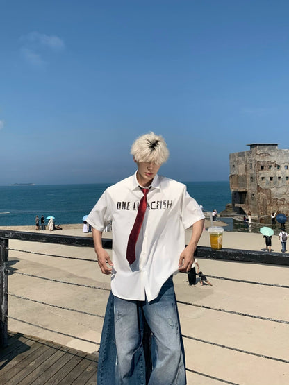 Letter Print Oversize Short Sleeve Shirt WN19918