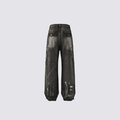 Patchwork Graffiti Wide Leg Denim Jeans WN27832