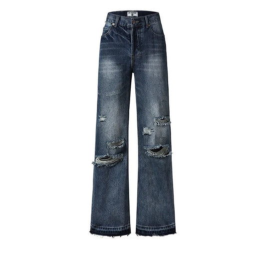 Raw-edge Damage Straight Denim Jeans WN5414