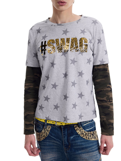 Fake Layered Camo Star Logo Print Long Sleeve T-Shirt WN27193
