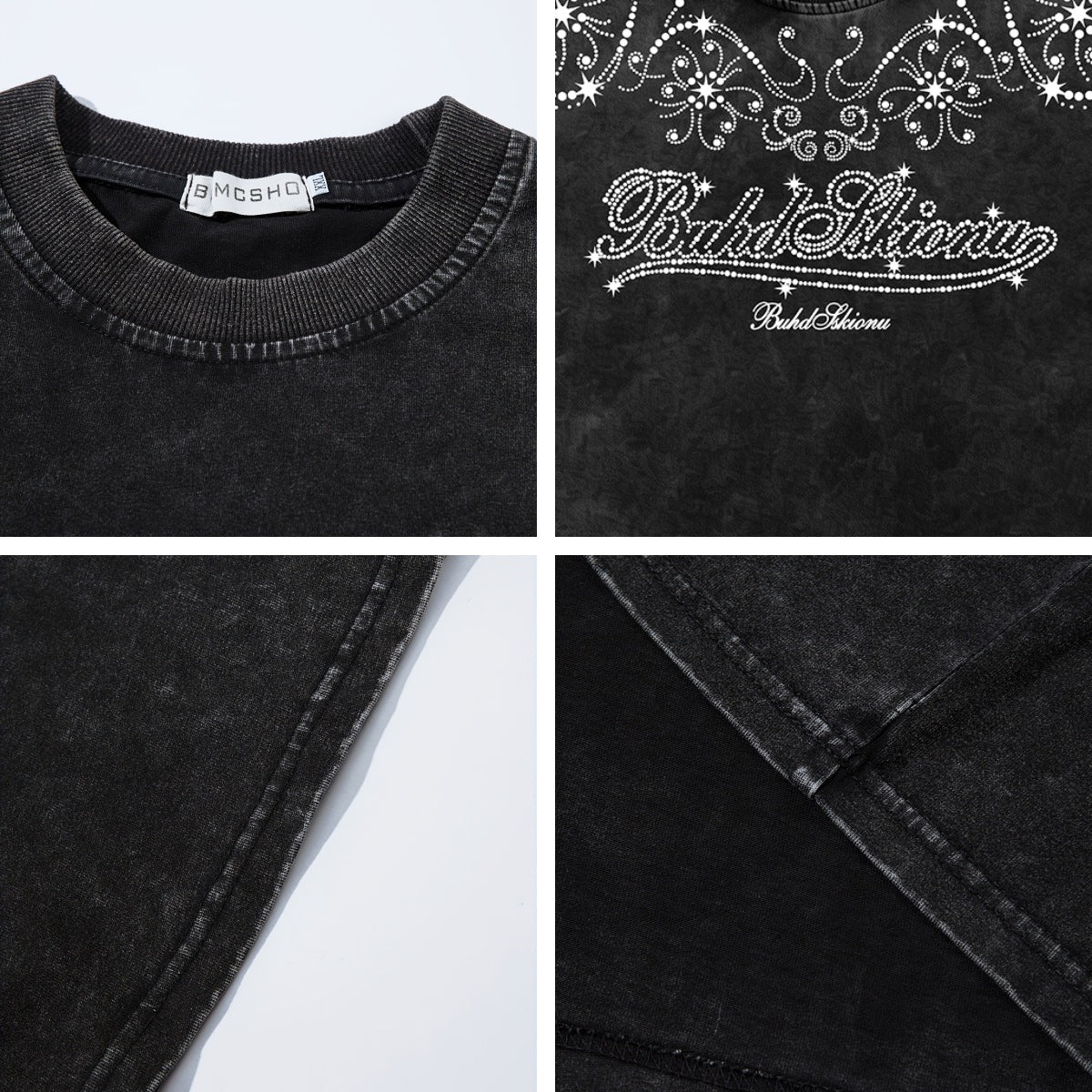 Washed Rhinestone Ornament Short Sleeve T-Shirt WN26746