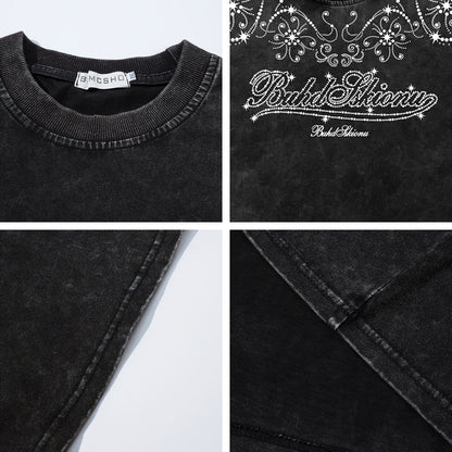 Washed Rhinestone Ornament Short Sleeve T-Shirt WN26746