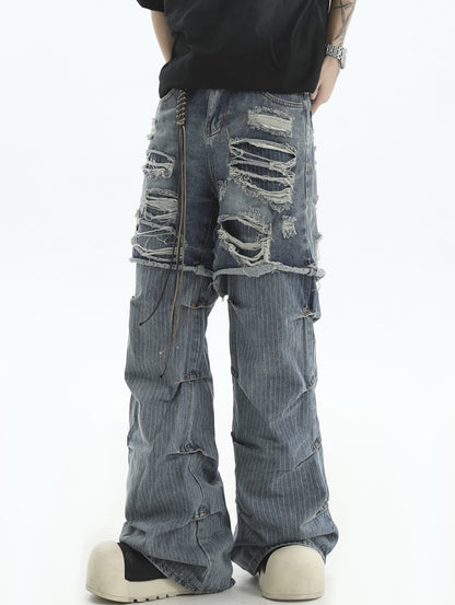 Fake Layered Wide-Leg Straight Denim Jeans WN7211