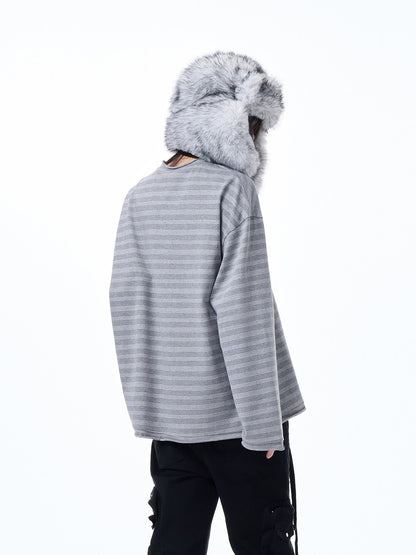 Raw Hem Striped Print Oversize Long Sleeve T-Shirt WN27318