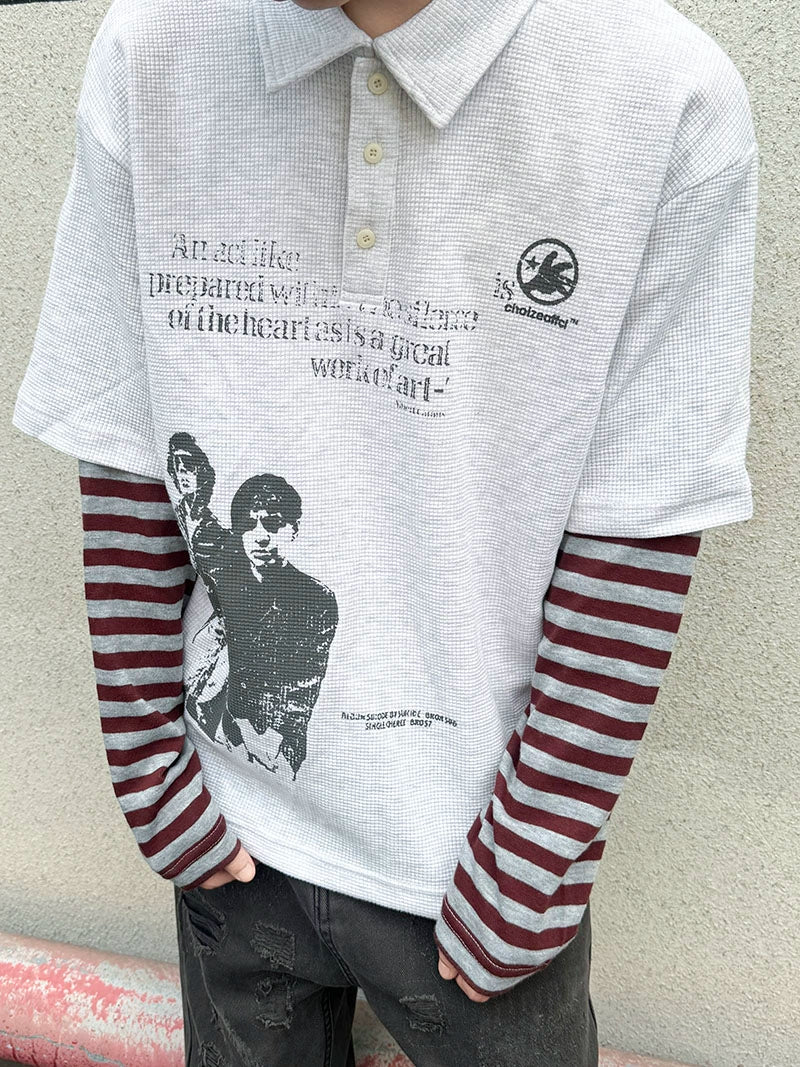 Fake Layered Stripe Long Sleeve Polo Shirt WN21159