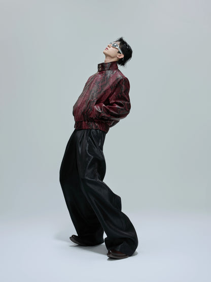 Snake Texture Gem Embellished Standing-Collar PU Leather Short Jacket WN21685