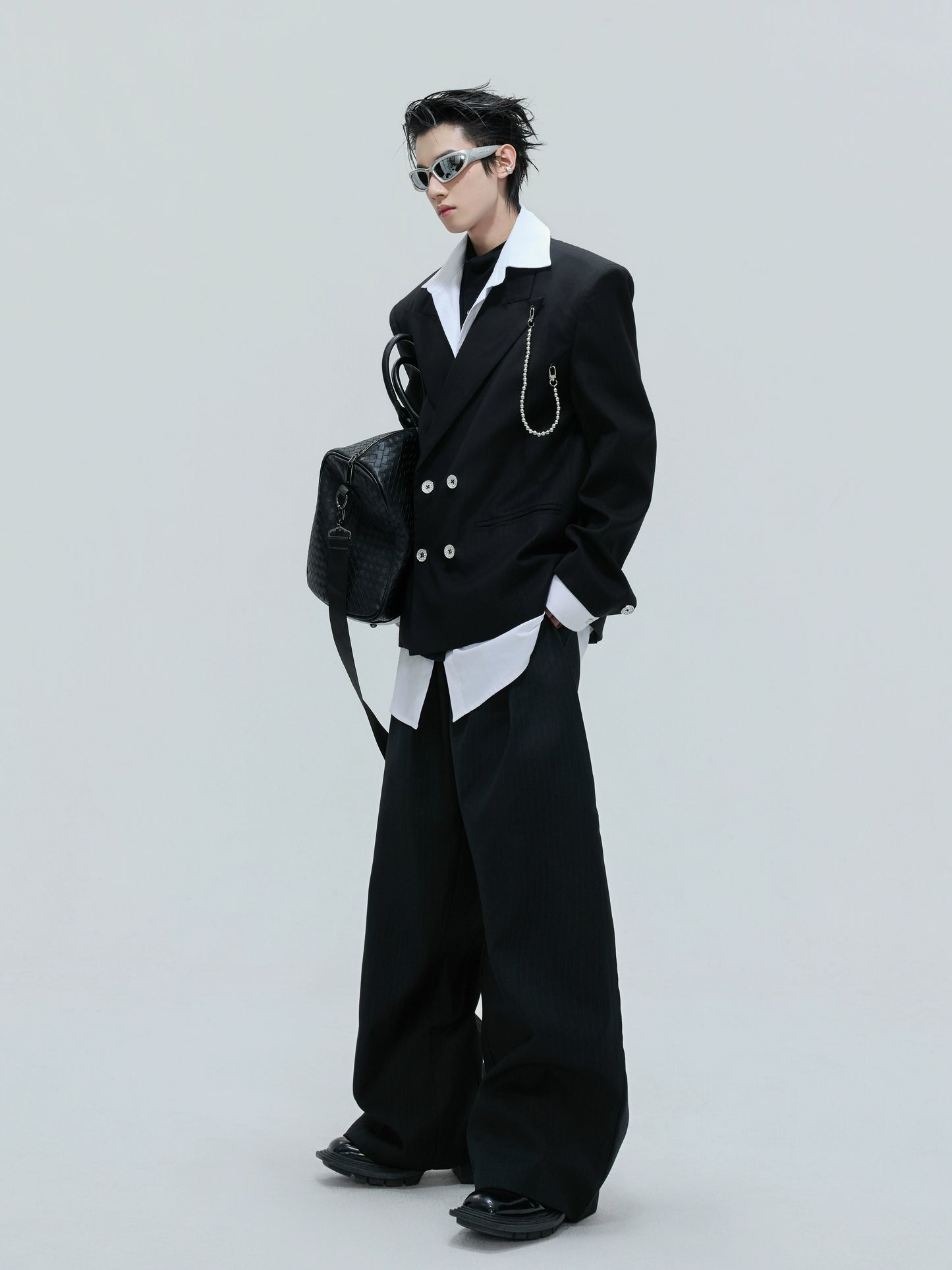 Pearl Chain Waist-Fitted Shoulder-Pad Double Layer Tailored Jacket & Trousers Setup WN21730