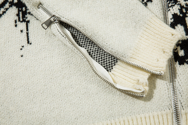 Jacquard Zipper Detail Knit Sweater WN11451