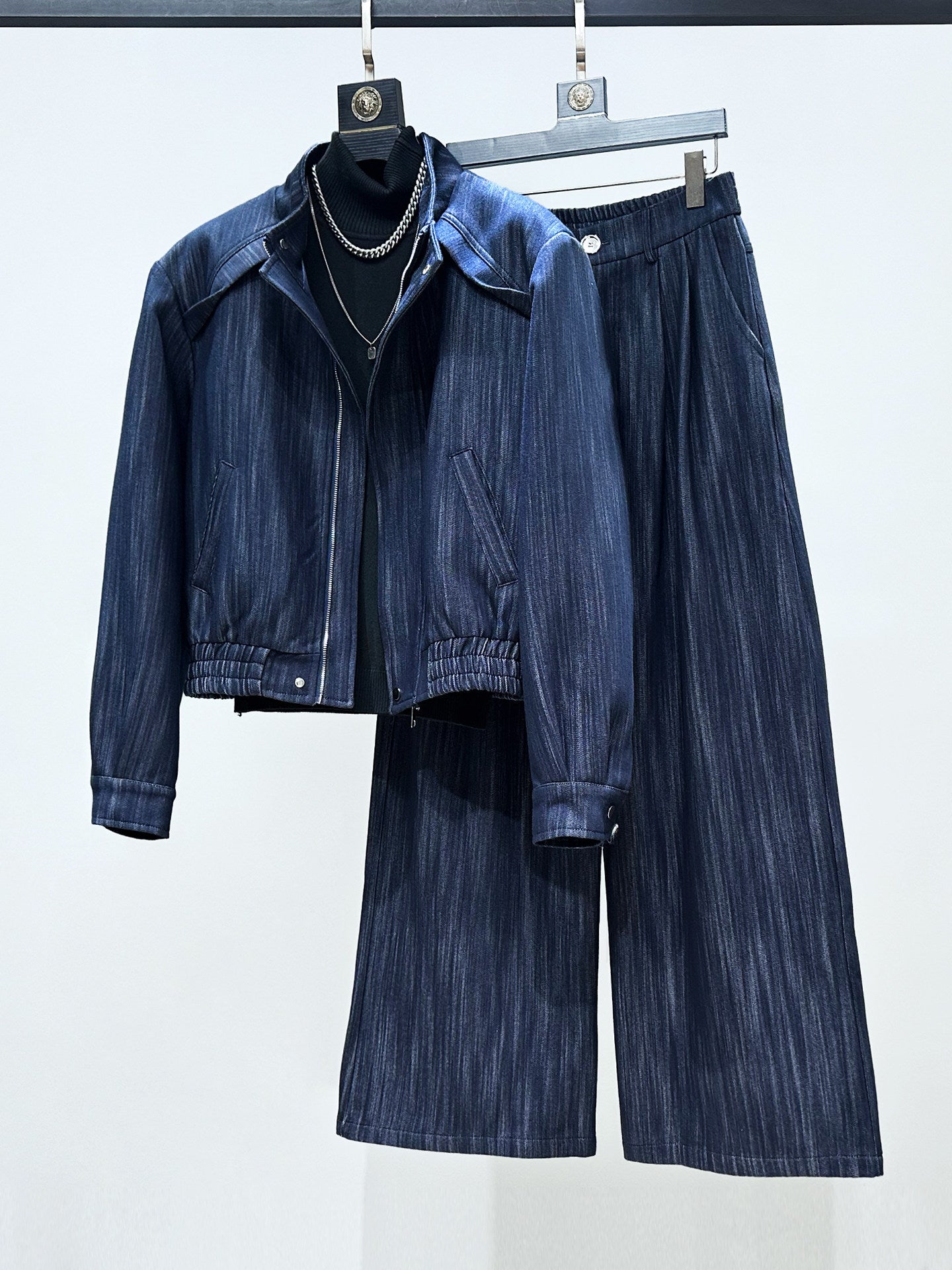 Deconstructed Textured Standing-Collar Short Jacket & Wide Leg Trousers Setup WN23871