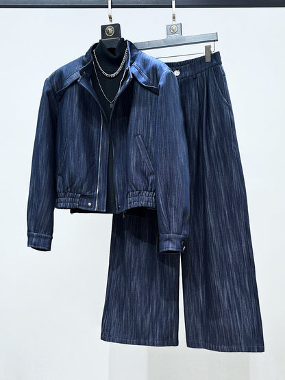 Deconstructed Textured Standing-Collar Short Jacket & Wide Leg Trousers Setup WN23871
