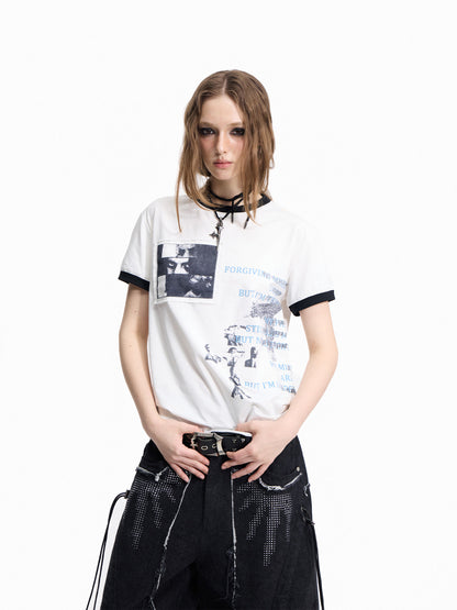 Cross Slogan Print Contrast Trim Short Sleeve T-Shirt WN27457