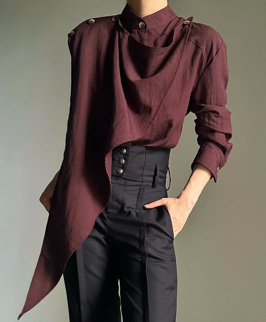 Standing-Collar Asymmetric Drape Long Sleeve Shirt WN23132