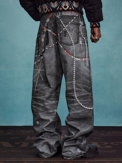Chain Detail Ethnic Print Wide Leg Denim Jeans WN23243