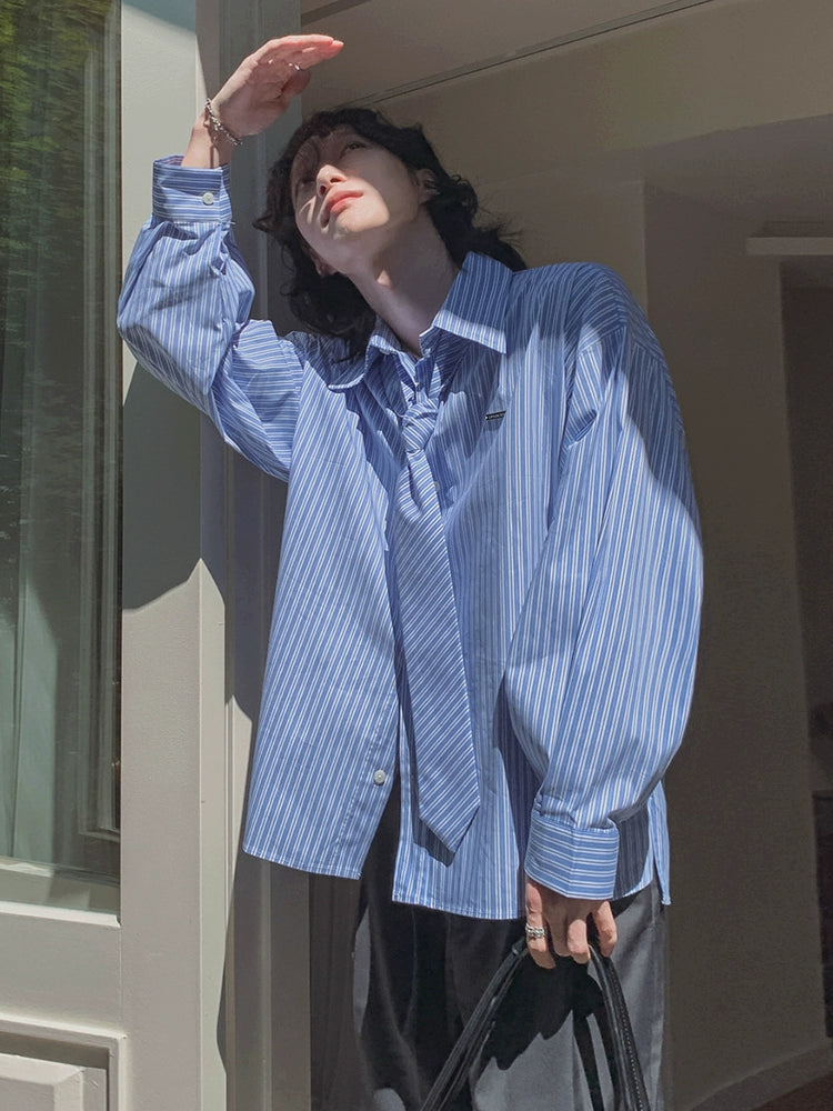 With Tie Striped Oversize Long Sleeve Shirt WN20245