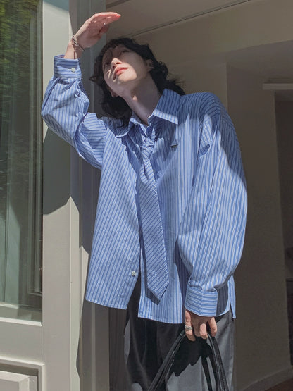 With Tie Striped Oversize Long Sleeve Shirt WN20245