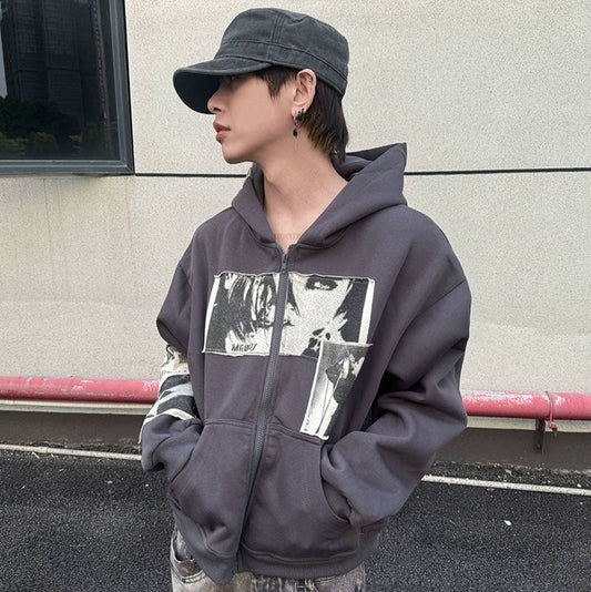 Patch Portrait Oversize Zipper Hoodie WN21157
