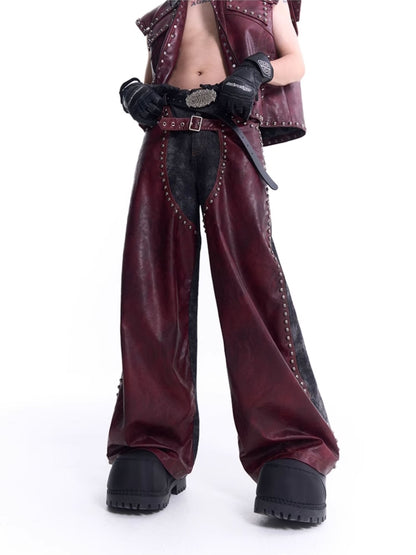 PU Leather Rivet Vest & PU Leather Wide-leg Pants Setup WN8120