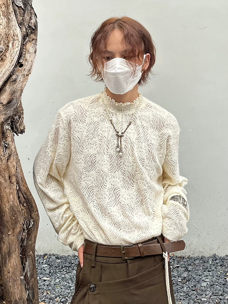 Brushed Lace Hollow High-Neck Long Sleeve T-Shirt WN20012