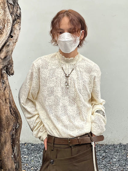 Brushed Lace Hollow High-Neck Long Sleeve T-Shirt WN20012
