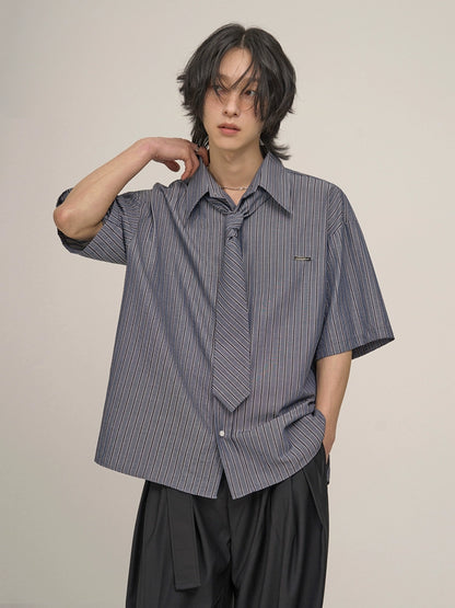 Striped Design Short Sleeve Shirt & Tie WN20265