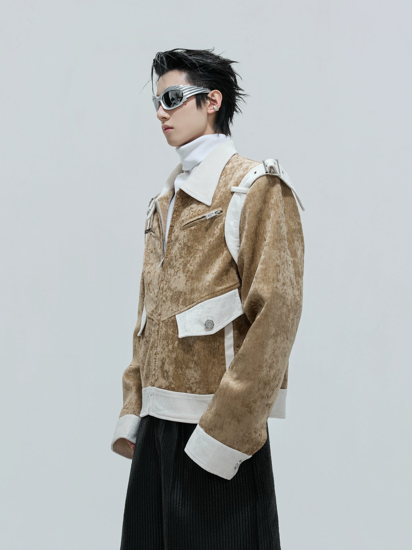 Colorblock Velvet Short Zipper Jacket WN21741