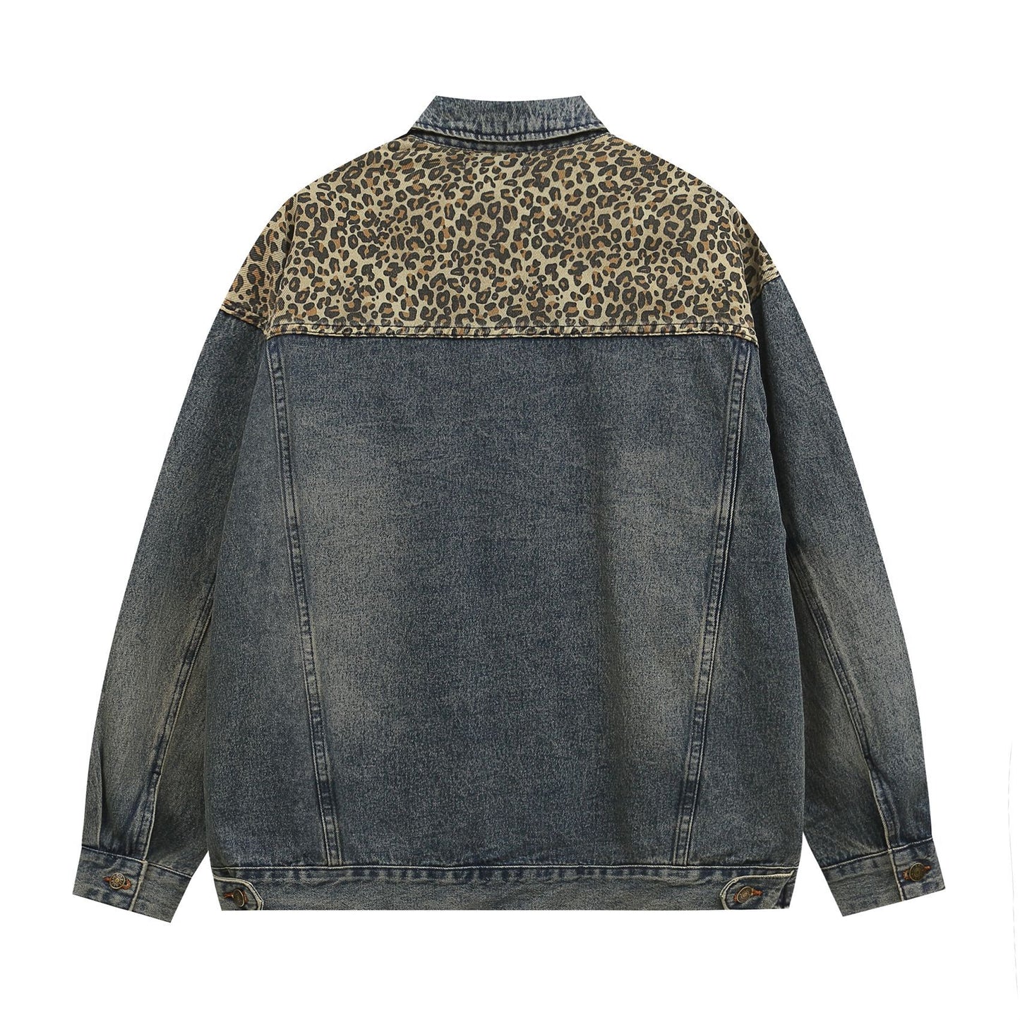 Chaqueta de mezclilla de mosaico de estampado de leopardo WN11440