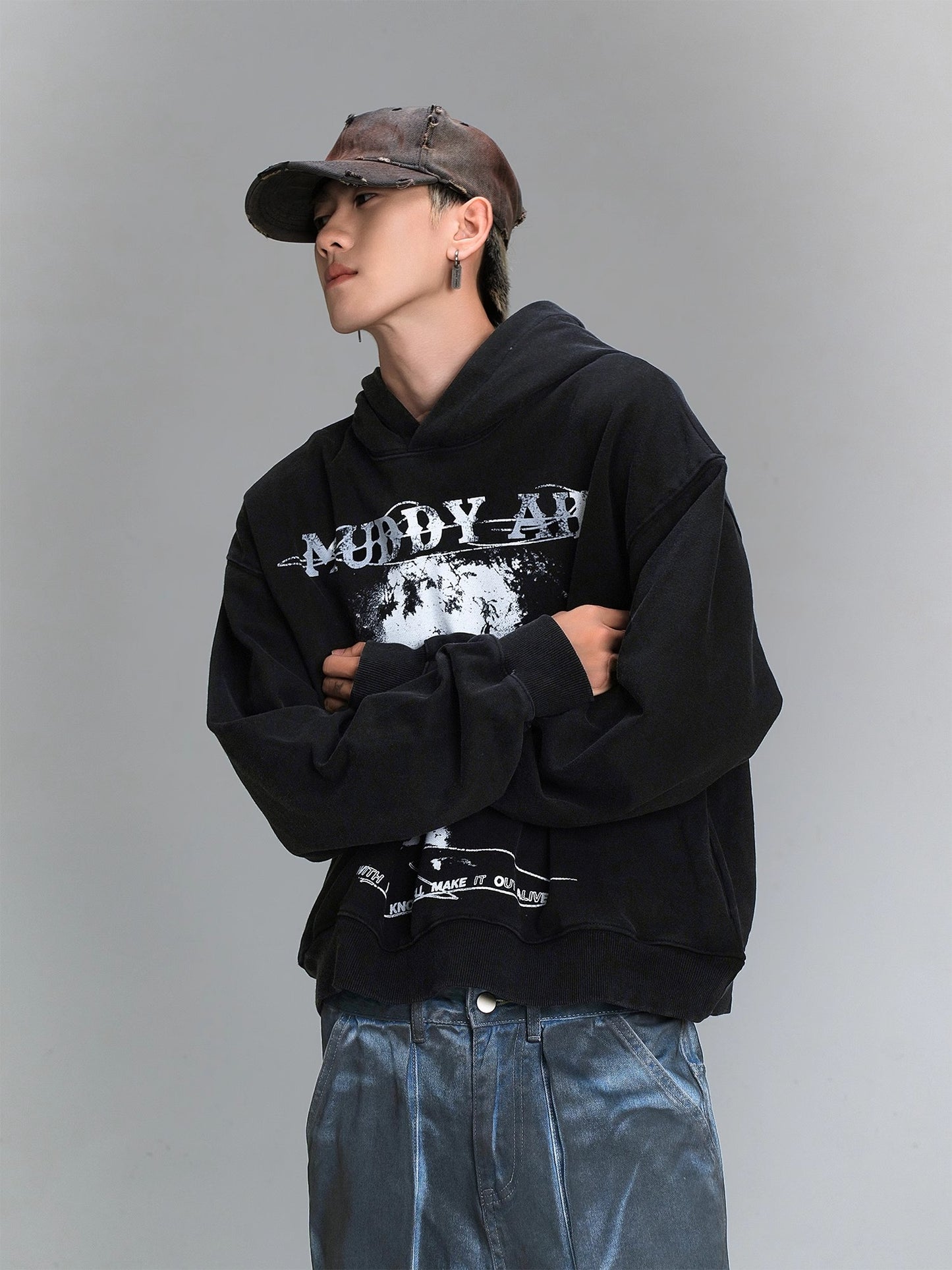 Washed Oversize Print Hoodie WN8441