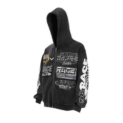 Washed Letter Print Zipper Hoodie WN26512