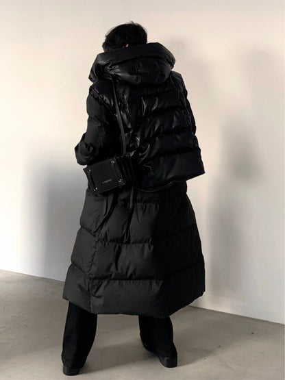 Knee Length Thick Puffer Coat & Hooded PU Leather Vest WN9101