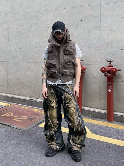 Deconstructed Stain Wide Leg Denim Jeans WN18806