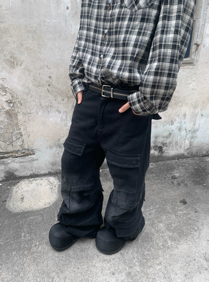 Detachable Multi-Pocket Washed Flare Denim Jeans WN22221