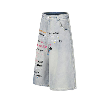 Letter Star Print Denim Half Jeans WN25412