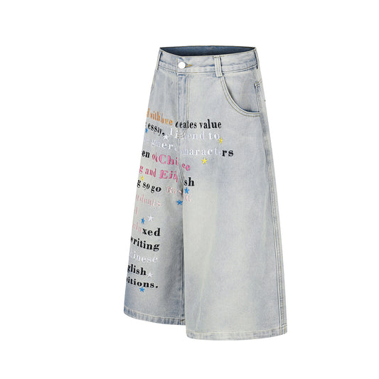 Letter Star Print Denim Half Jeans WN25412
